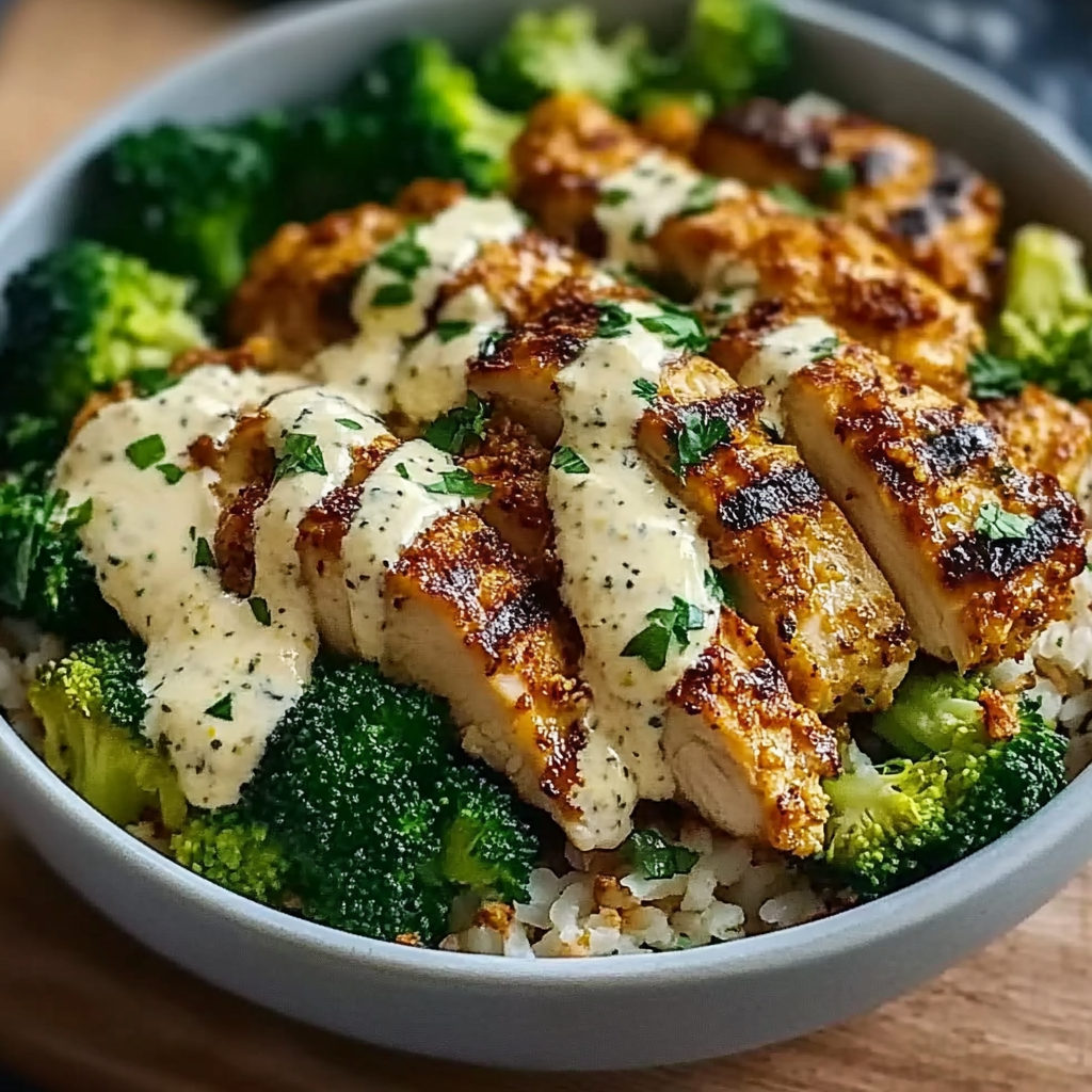 Grilled Chicken Broccoli Bowls with Creamy Garlic Sauce Healthy Flavorful Dinner