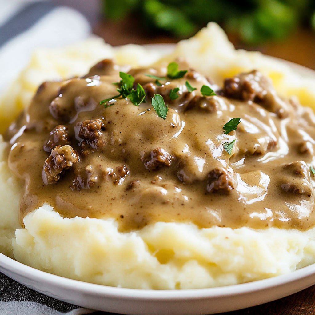 Savory Hamburger Gravy Over Mashed Potatoes Recipe 1 hamburger gravy over mashed potatoes featured